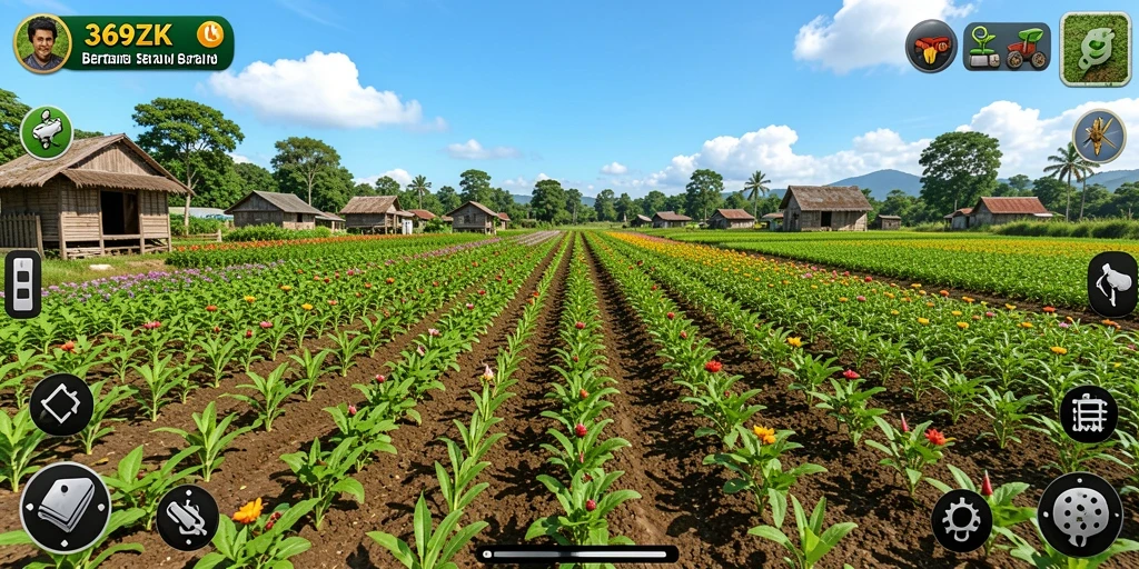 Tampilan gameplay <strong>369ZK</strong> menunjukkan kebun yang rimbun dan penuh warna.