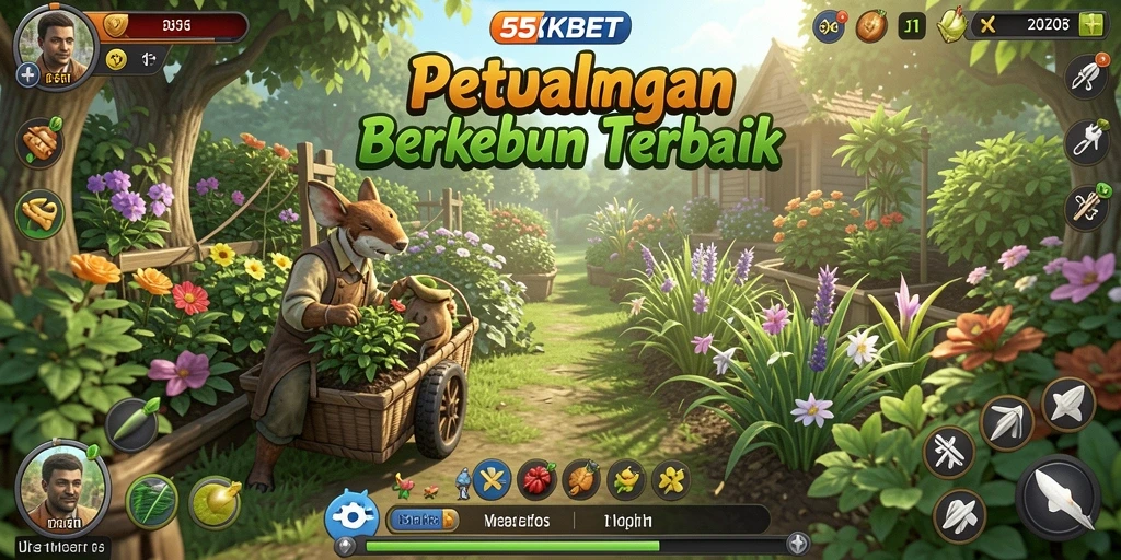 Tampilan gameplay seru dari 55KBET yang menunjukkan aktivitas berkebun.