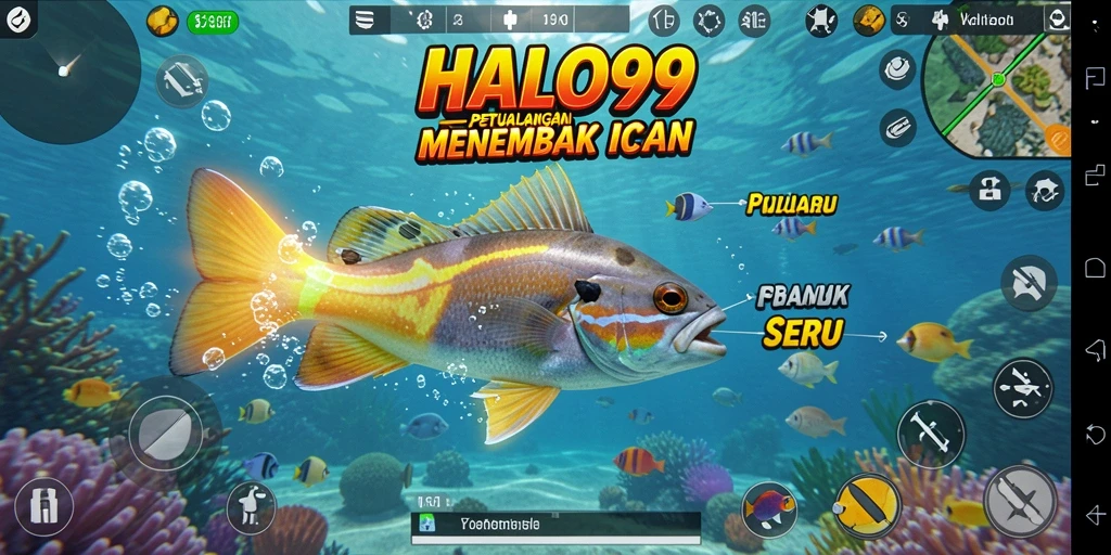 Screenshot gameplay utama HALO99 menunjukkan aksi menembak ikan yang seru.