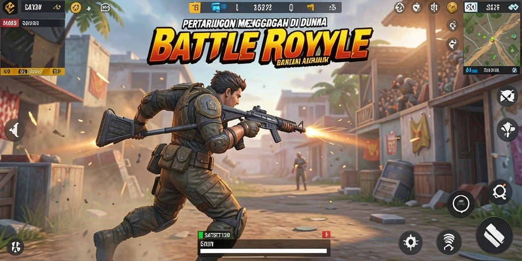 Screenshot gameplay <strong>SATSET138</strong> menampilkan aksi pertempuran epik dalam lingkungan Battle Royale.